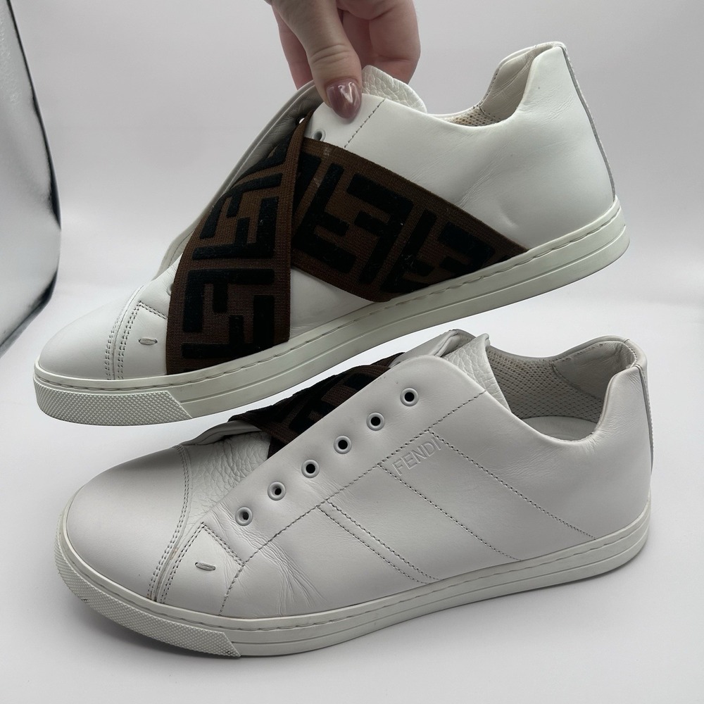 Fendi White Leather Sneakers with Brown FF Logo Strap - Picture 3 of 11